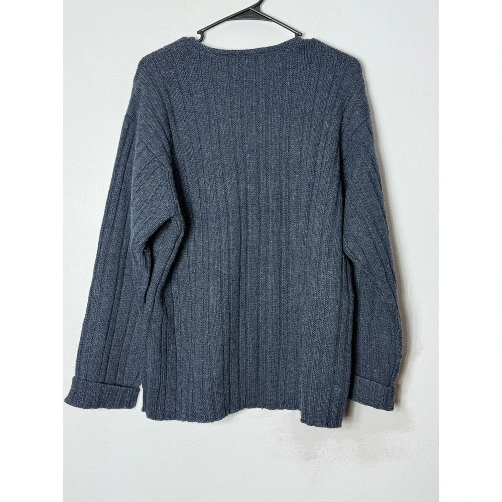 J.Crew Mens 100% Wool Ribbed‎ V-Neck Sweater Blue Charcoal Vintage Large